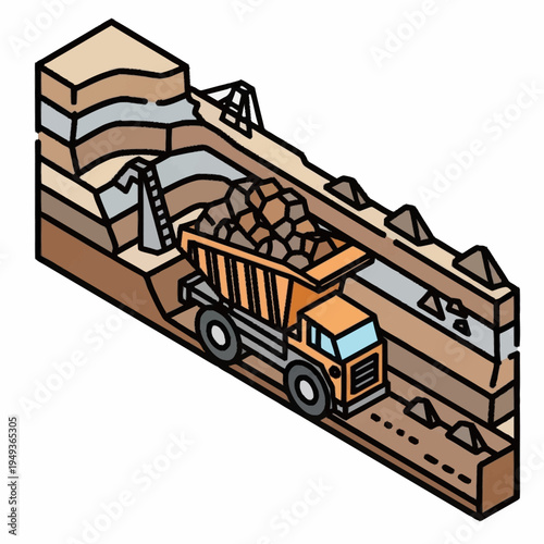 Dump Truck Excavating Rocks from Open Pit Mine.