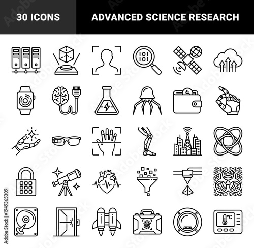 Future technology and scientific innovation elements for digital interfaces. Monoline technical pictograms featuring robotics, biotech, and space exploration.