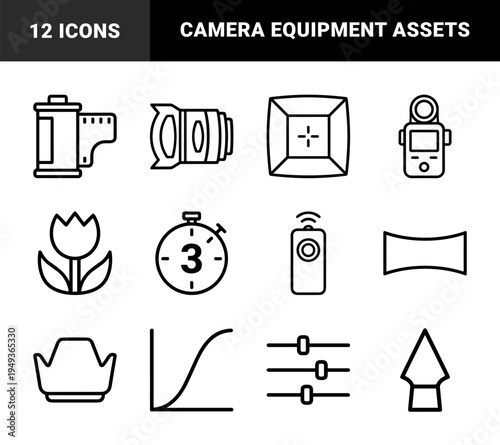 Photography equipment and darkroom processing symbols for creative studios. Technical monoline pictograms featuring camera optics and film development tools.