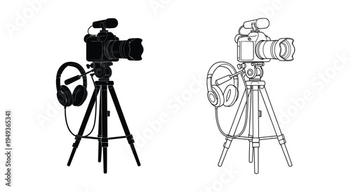 Black and white line art of cameras and headphones on tripods silhouette
