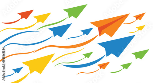 Colorful paper airplanes soar through swirling orange and blue currents