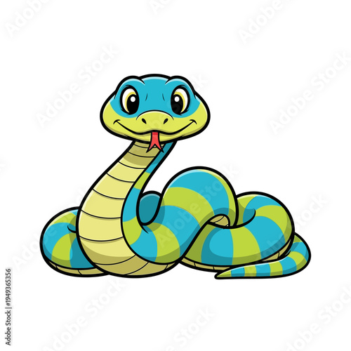 Cute cartoon snake with blue and green stripes, smiling, isolated on white background