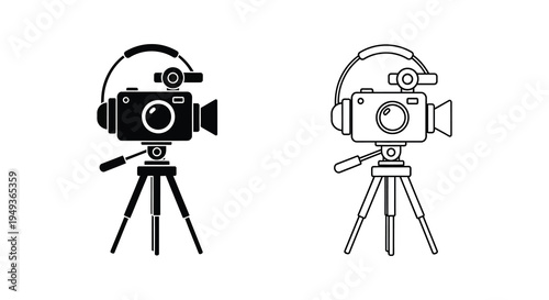 Two vintage film cameras on tripods black and white illustration silhouette