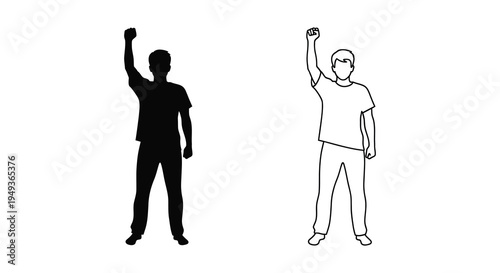 Two men raising arms one as a solid black shape a striking silhouette