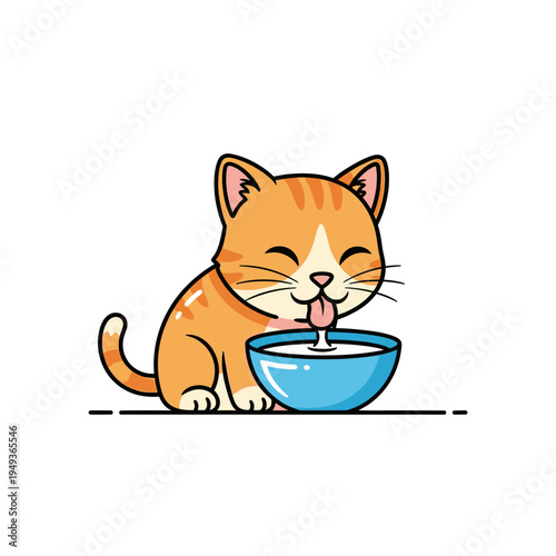 Cute orange tabby kitten drinking milk from a blue bowl, cartoon style