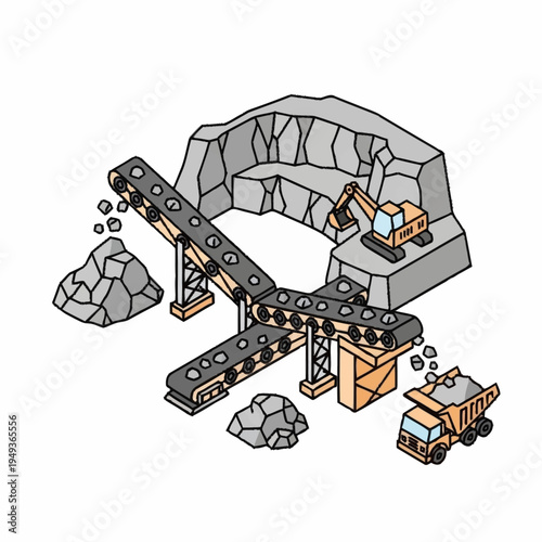 Industrial Quarry Mining Operation with Conveyor Belt and Truck.
