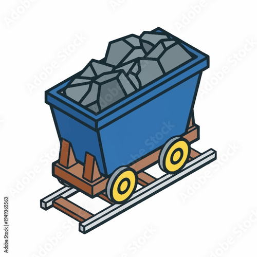 Blue mining cart filled with coal on railway tracks.