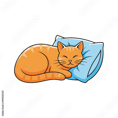 Cute Orange Tabby Cat Sleeping Peacefully on Blue Pillow, Cartoon Style
