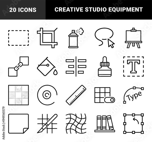 Graphic design and digital art studio tools in a chunky monoline style. Technical creative workflow elements for branding, typography, and illustration projects.
