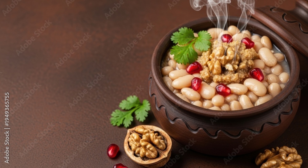 Fototapeta premium Authentic Georgian Lobio Bean Stew in Clay Ketsi Pot with Earth Tone Negative Space for Editorial