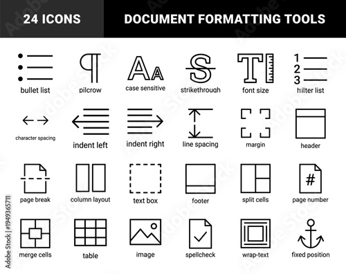 Text editing and document formatting interface elements. Technical monoline pictograms for word processing software and digital publishing tools.