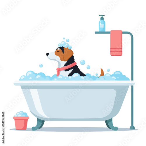 Happy Dog Enjoying a Bubble Bath in a Vintage Bathtub