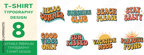 Retro summer typography designs for t-shirts with beach motifs