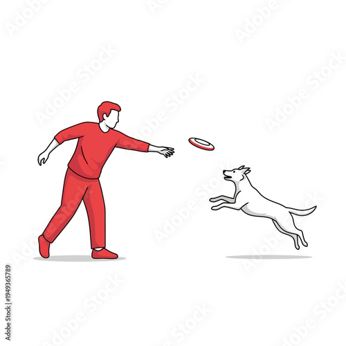 Man throwing frisbee for jumping dog, playful outdoor activity, simple illustration