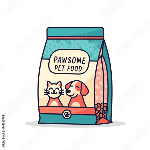 Pawsome Pet Food Bag with Cat and Dog Illustration, Vector Art