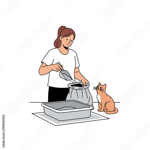 Woman adding cat litter to sandbox, pet cat watching