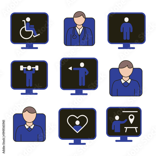 Tele Rehabilitation icons solid style showing webcam rehab session, remote therapist support and digital healthcare therapy for virtual medical treatment systems.