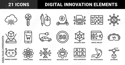 Future technology and digital innovation symbols featuring biotechnological medical research, global fintech, and automated smart mobility systems.