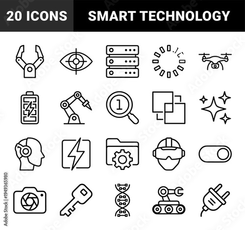 Advanced automation and industrial technology symbols featuring robotics, clean energy, and data science. Bold monoline technical graphics for engineering and future tech interfaces.