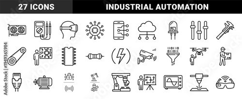 Industrial automation and electronic engineering technical monoline elements. Professional schematic pictograms featuring robotics, circuit components, and smart manufacturing connectivity.