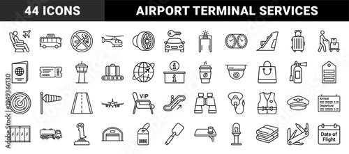 Aviation and airport terminal management pictograms for travel interfaces. Technical monoline icons featuring flight logistics and passenger services.