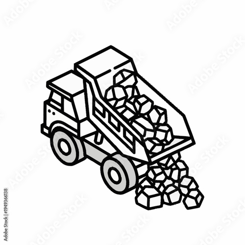 Isometric Dump Truck Unloading Rocks and Debris.