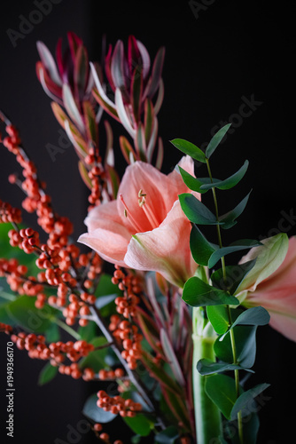 amaryllis flower, bouquet, eucalyptus leaves, dark background, flower, colours, blossom, closeup, plant, nature, pink, romantic, blossoming, natural, fresh, flora, botany, botanical, blooming, bloom, 