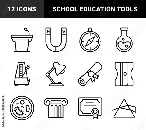 Education and scientific research monoline elements for academic presentations. Thick line geometric pictograms featuring physics, biology, and higher learning symbols.
