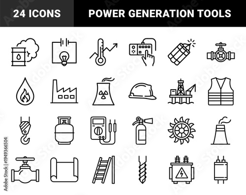 Industrial energy production and heavy engineering technical elements. Monolinear black stroke pictograms for power plant and construction workflows.