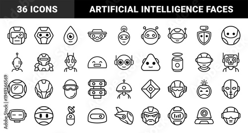 Futuristic humanoid head avatars and artificial intelligence characters. Technical monoline strokes for robotic interface and automation concepts.