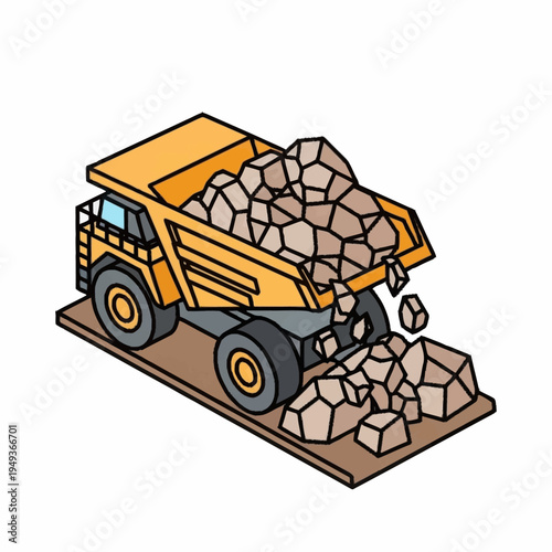 Isometric Dump Truck Hauling Rocks in a Quarry.