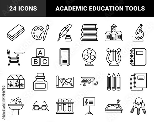 School and academic education elements for student learning platforms. Clean monoline pictograms featuring classroom supplies and campus life symbols.