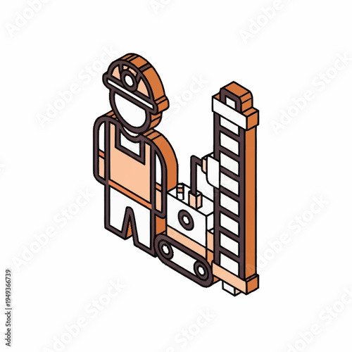 Isometric construction worker with forklift and ladder illustration.