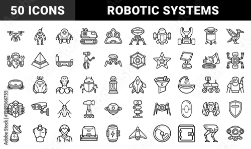 Robotics and automated engineering systems for industrial future concepts. Technical monolinear stroke pictograms featuring droids, drones, and AI hardware.