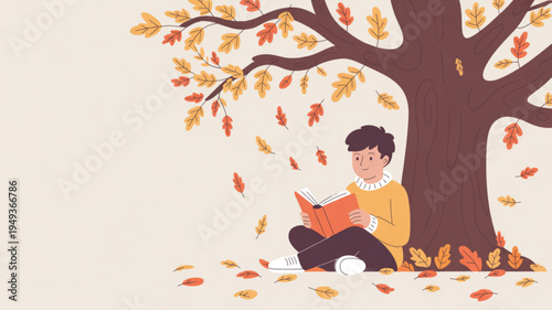 Person reading book under autumn tree with falling leaves enjoying outdoor leisure