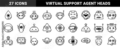 AI chatbot and virtual assistant head avatars for customer support interfaces. Technical monoline robotic characters featuring communication and service automation aesthetics.