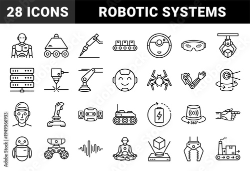 Robotics and industrial automation engineering pictograms featuring humanoid androids, mechanical arms, and smart manufacturing systems in a technical monoline style.