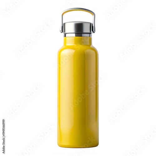 A bright yellow stainless steel water bottle with a gold cap and handle isolated on transparent background