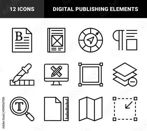 Graphic design and desktop publishing software tools featuring typography, layout, vector editing, and monoline interface pictograms for creative workflow and digital art production.