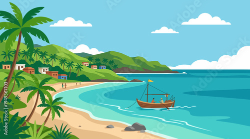 Sunny tropical beach scene with palm trees, village huts, and a small boat on clear turquoise water.
