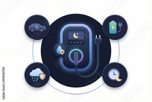 Electric vehicle charging station represented with a sleek icon surrounded by complementary symbols showcasing battery power, weather resilience, time management, and security safeguards