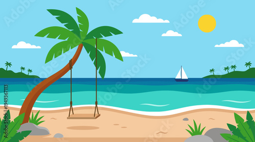 Sunny tropical beach scene with palm tree and swing overlooking the ocean and horizon.