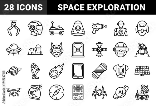 Space exploration and futuristic technology elements for sci-fi interfaces. Technical monoline pictograms featuring robotics and interstellar travel concepts.
