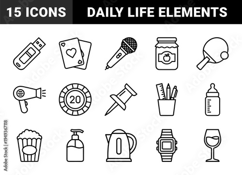 Everyday lifestyle and household objects in technical monoline aesthetic featuring communication, leisure, and personal care elements.