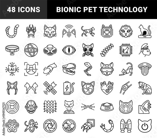 Cybernetic feline technology and bionic pet enhancement elements. Technical monoline pictograms featuring robotic cat anatomy, artificial intelligence, and futuristic veterinary concepts.