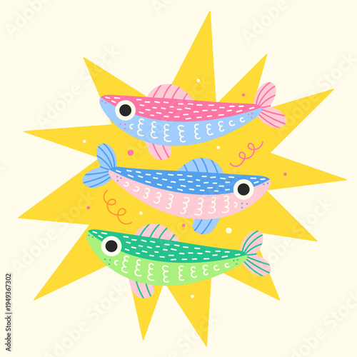 Three colorful sardines on yellow starburst background, isolated fish sticker vector, cute seafood doodle set, naive art style nautical illustration