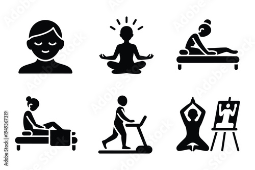 Therapy solid icon set illustrating breathing exercise, guided meditation, counseling session, massage therapy and acupuncture healthcare and wellness concepts.
