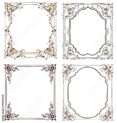  Decorative frames vector illustration with ornate floral scrollwork lantern motifs square rounded rectangular elegant artistic vintage design