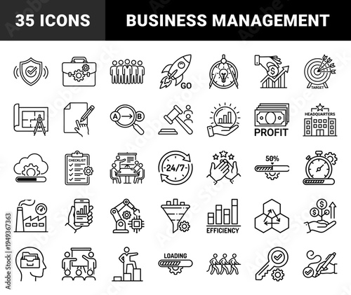 Business process optimization and digital workflow management pictograms. Technical monoline linear elements for corporate strategy and industrial scaling.