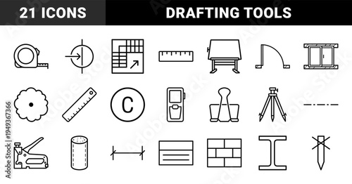 Architectural drafting and construction engineering symbols for technical blueprints. Minimalist black monolinear design featuring surveying tools and building materials.